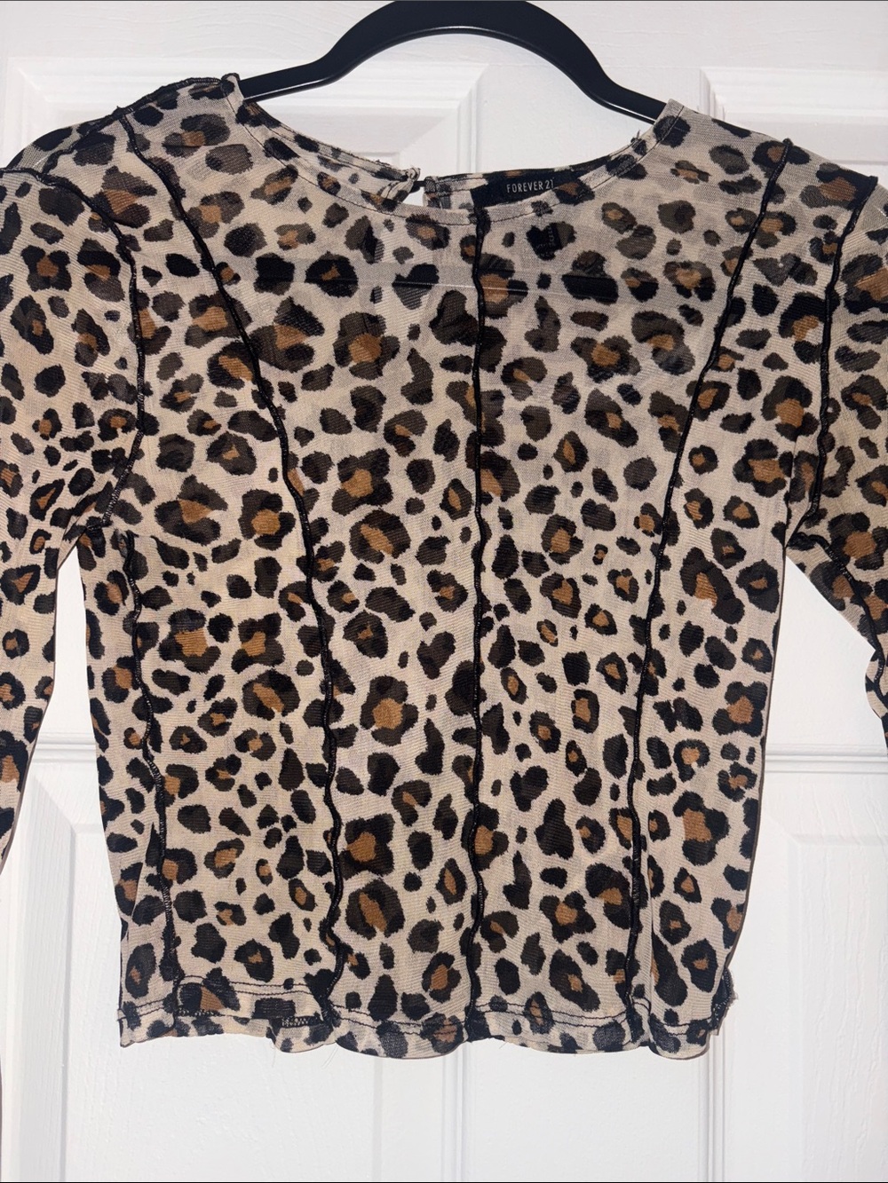 Forever 21 Leopard-Print Long Sleeve Sheer Cropped Top - Tan/Brown/Black - Picture 2 of 4